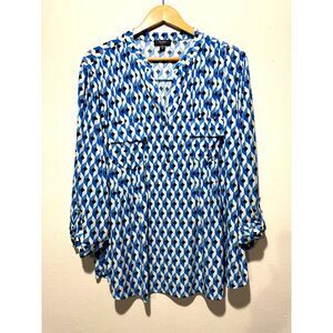 Cocomo popover shirt geometric blue casual coastal summer women 3X